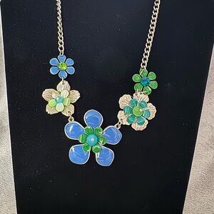 Charming Floral Necklace with Blue and Green Accents Silver Tone Chain